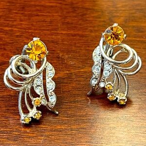 Vintage Gold earrings with Amber stone and diamond like stones crystals